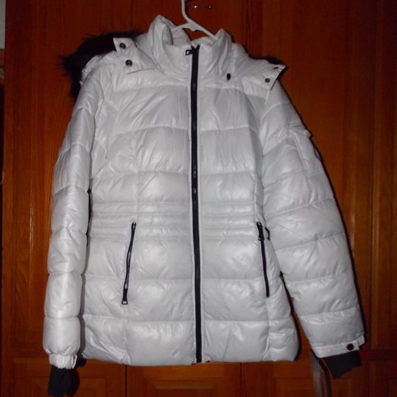 NWT Madden Girl WHITE w BlacK Fur Trim Hooded Quilted Winter Puffer Coat Parka L - Picture 7 of 12